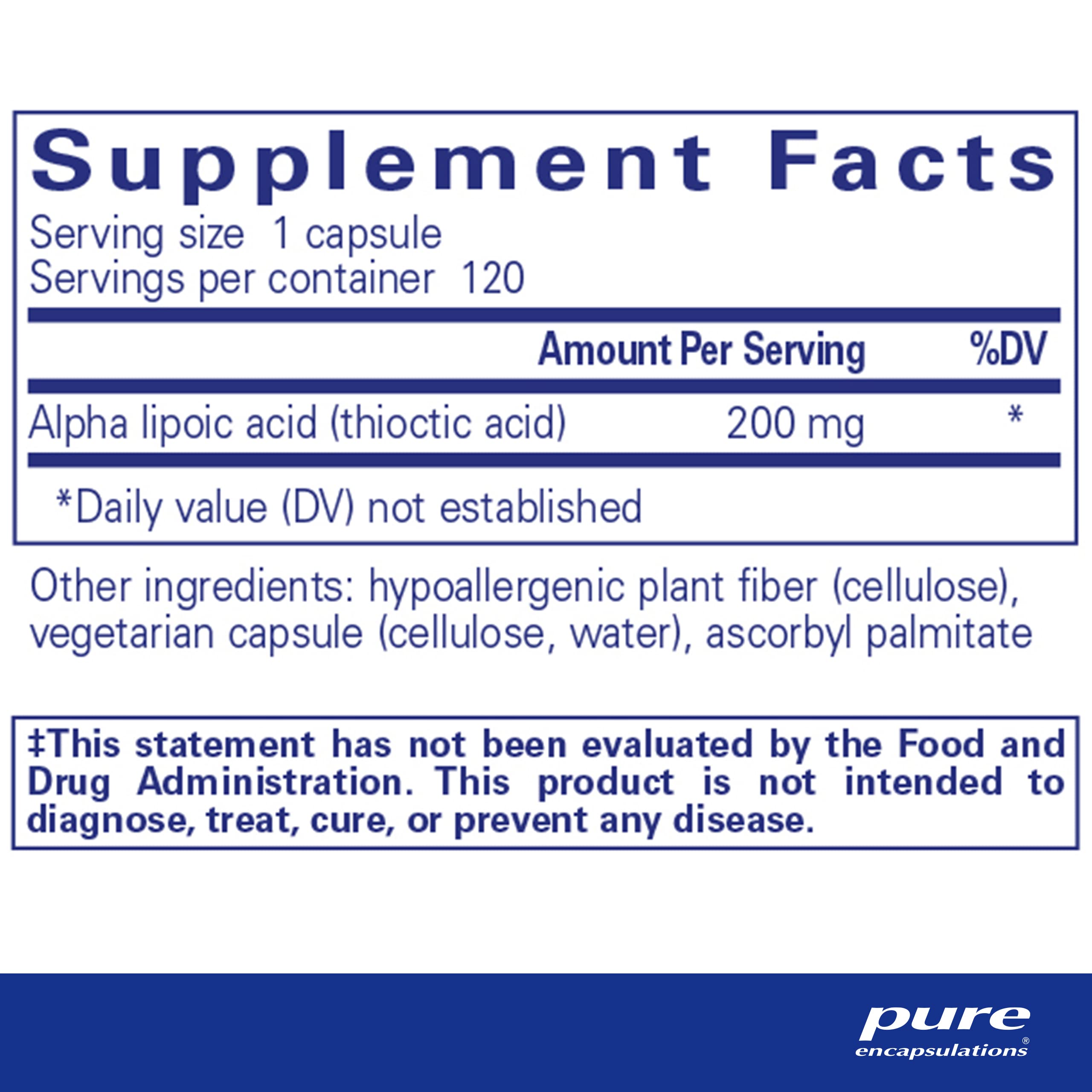 Pure Encapsulations Alpha Lipoic Acid 200 mg bottle label closeup shows vegan, non-GMO formula.