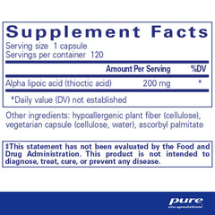 Pure Encapsulations Alpha Lipoic Acid 200 mg bottle label closeup shows vegan, non-GMO formula.