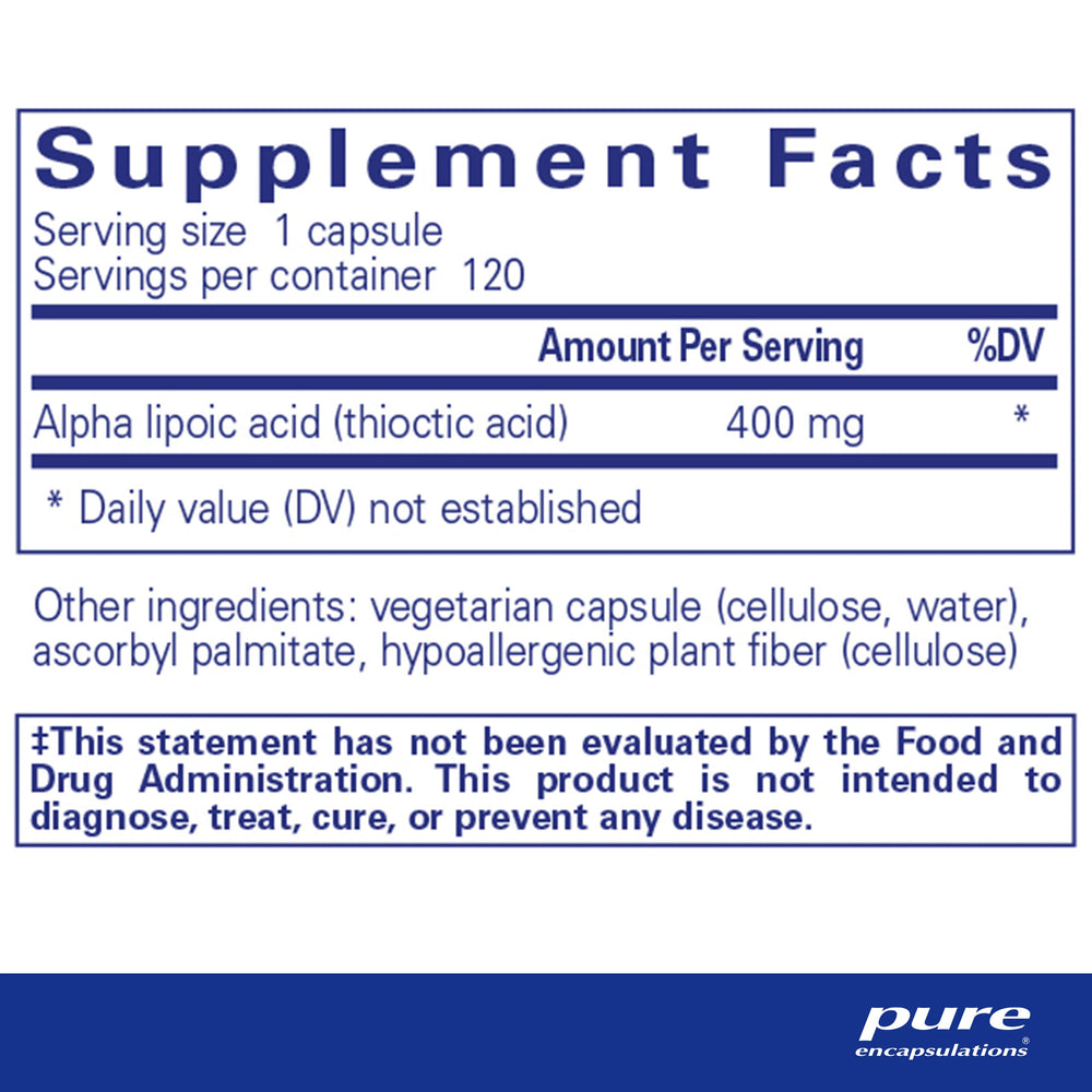 Close-up of Pure Encapsulations Alpha Lipoic Acid 400 mg capsules for convenience and purity.