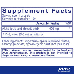 Close-up of Pure Encapsulations Alpha Lipoic Acid 400 mg capsules for convenience and purity.