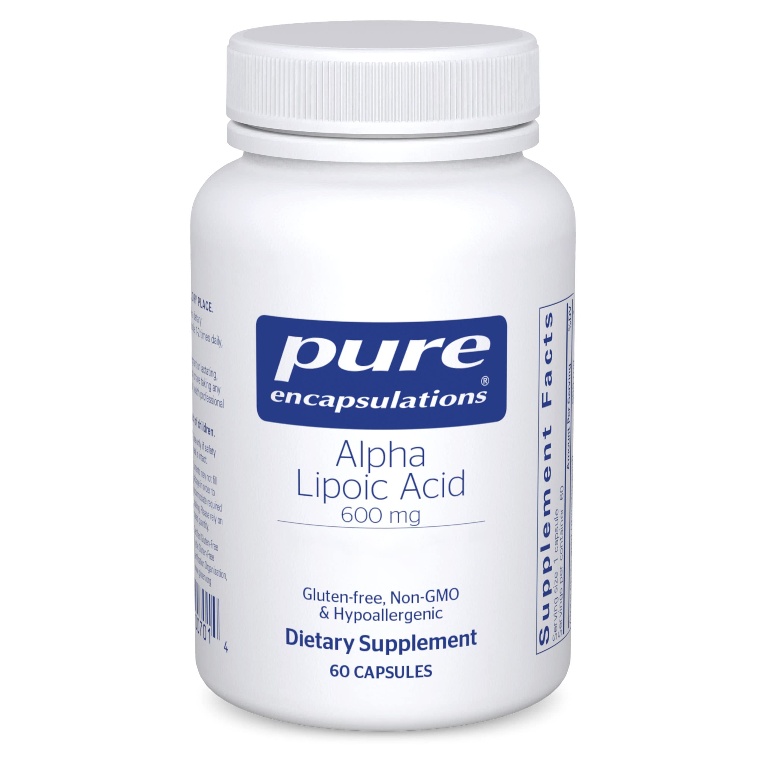 Pure Encapsulations Alpha Lipoic Acid 600 mg bottle showcases premium antioxidant support.