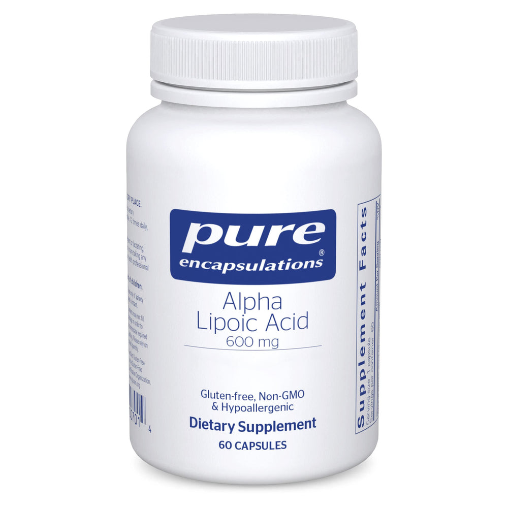 Pure Encapsulations Alpha Lipoic Acid 600 mg bottle showcases premium antioxidant support.