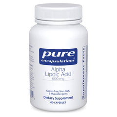 Pure Encapsulations Alpha Lipoic Acid 600 mg bottle showcases premium antioxidant support.