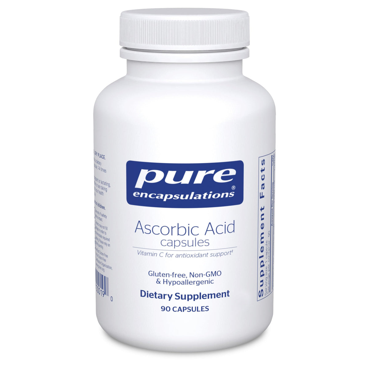 Pure Encapsulations ascorbic acid bottle front shows high potency vitamin C for daily antioxidant support.
