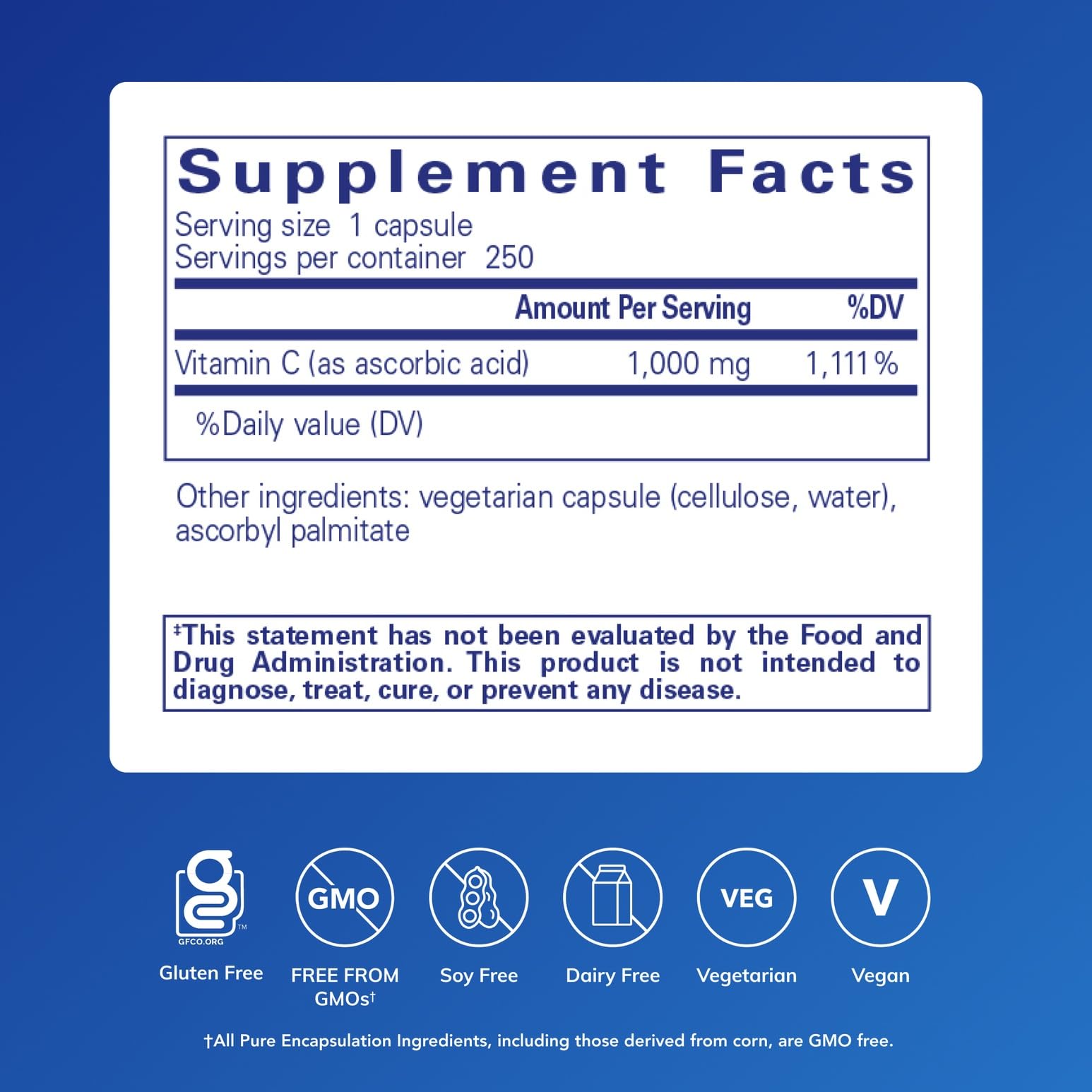 Pure Encapsulations 1000 mg capsules on white surface highlighting high-potency vitamin C.