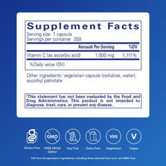 Pure Encapsulations 1000 mg capsules on white surface highlighting high-potency vitamin C.