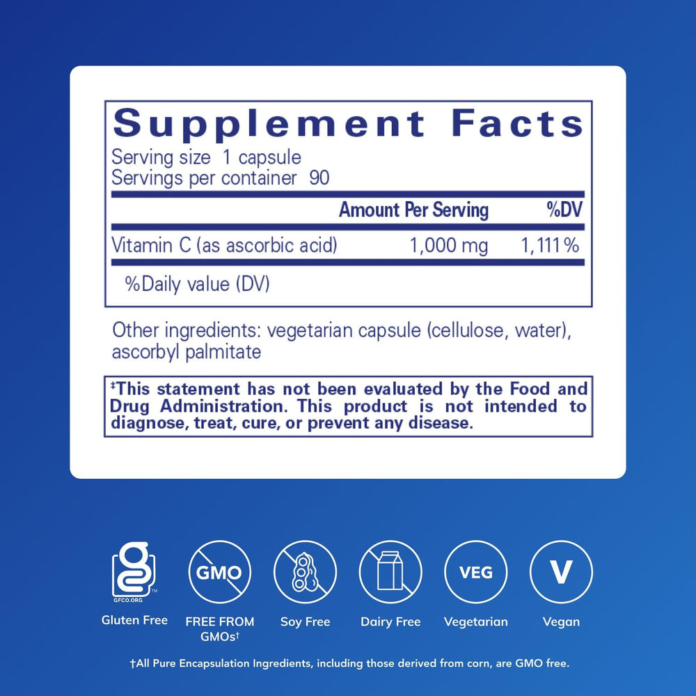Pure Encapsulations ascorbic acid capsules close-up highlights easy to take daily immune support.
