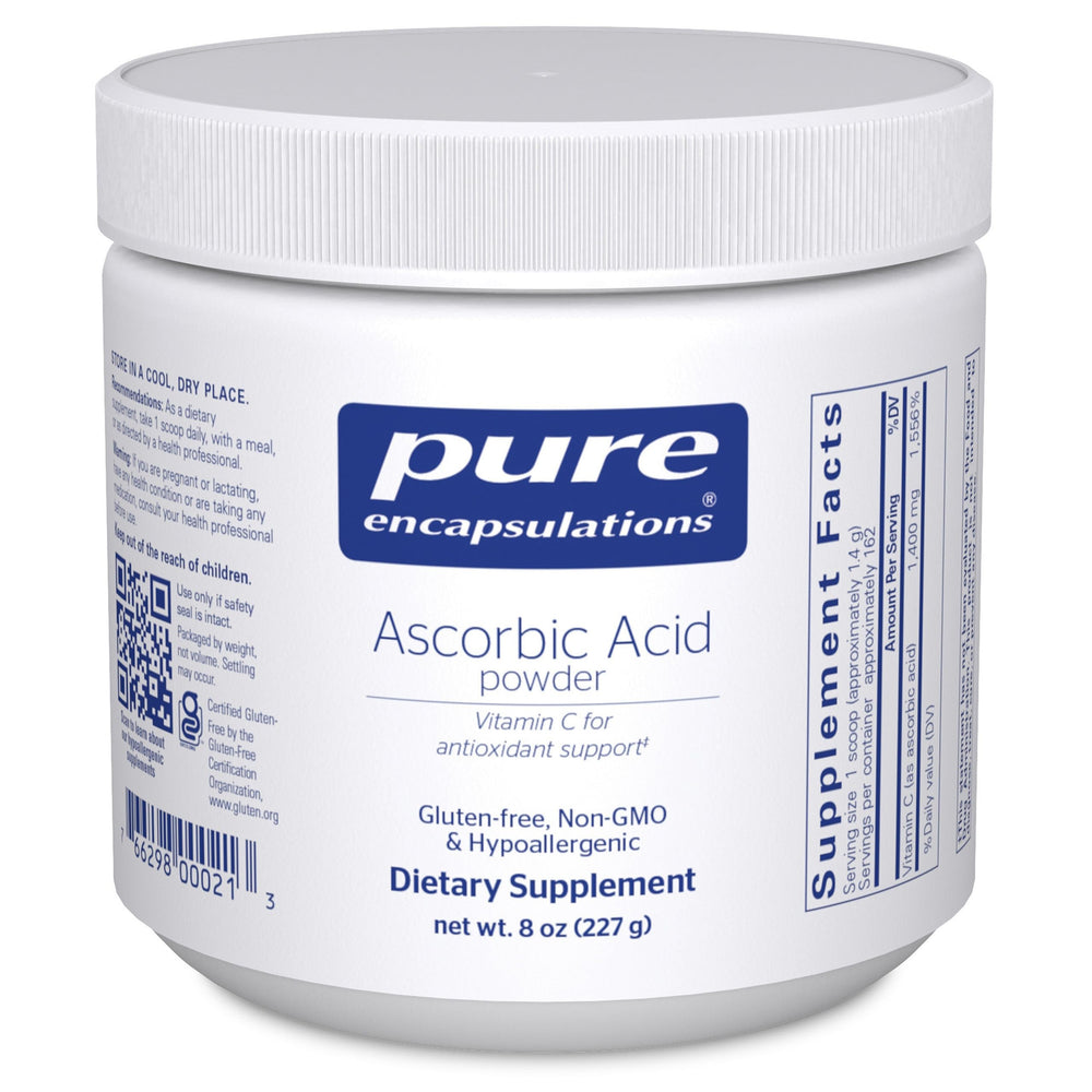 Pure Encapsulations Ascorbic Acid Powder bottle shows hypoallergenic vitamin C support for daily wellness