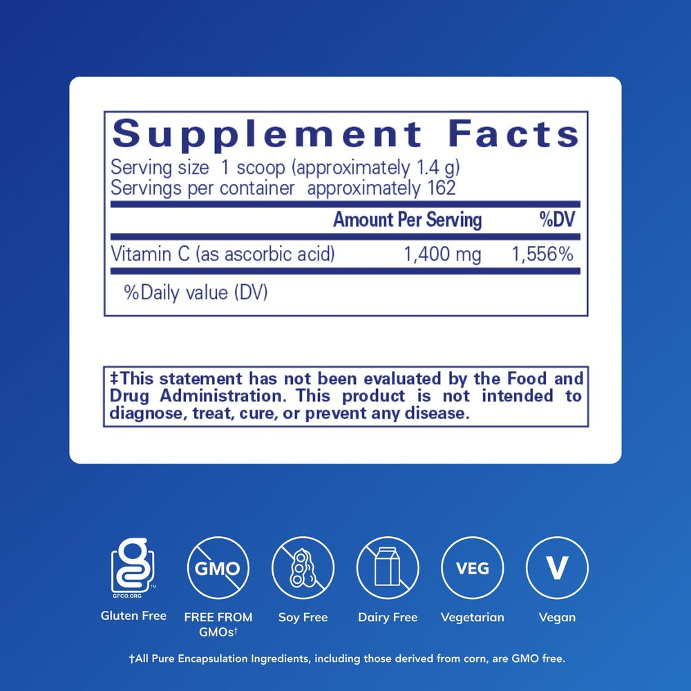 Pure Encapsulations Ascorbic Acid Powder scoop demonstrating convenient daily dosing for antioxidant support