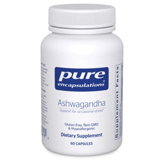 Pure Encapsulations Ashwagandha 500 mg bottle with vegan, GMO-free formulation