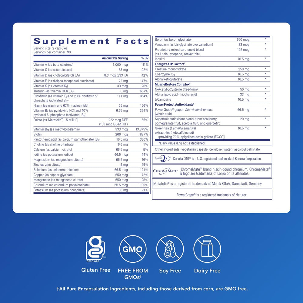 Pure Encapsulations Athletic Nutrients bottle label highlights premium ingredients and allergen-free formula