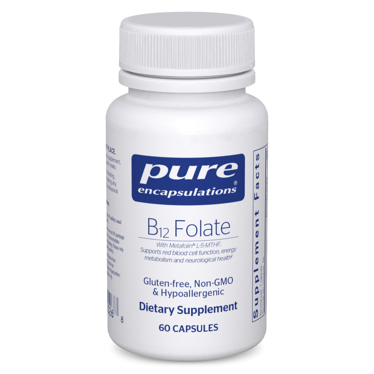 Pure Encapsulations B12 Folate bottle on a clean surface for daily energy support