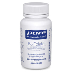 Pure Encapsulations B12 Folate bottle on a clean surface for daily energy support