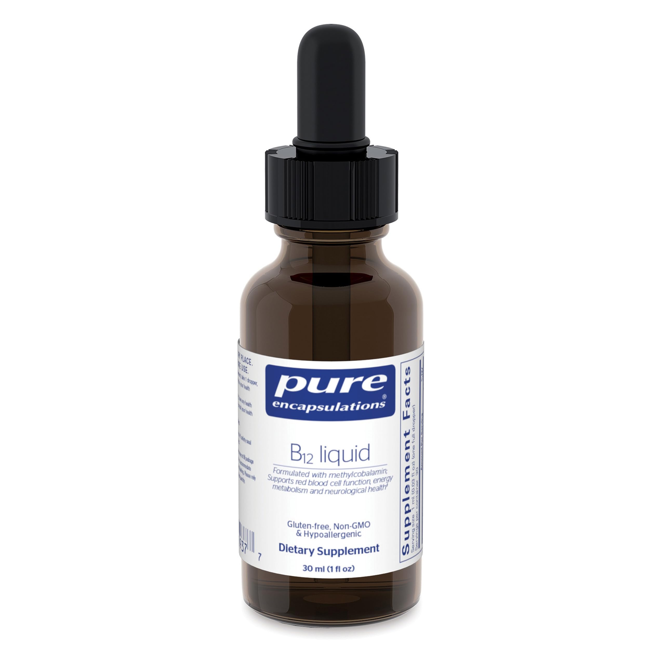 Pure Encapsulations B12 Liquid bottle, premium methylcobalamin for daily energy support.