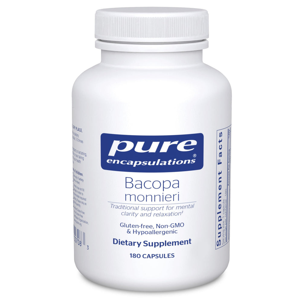 Pure Encapsulations Bacopa Monnieri bottle on a clean shelf for memory support.