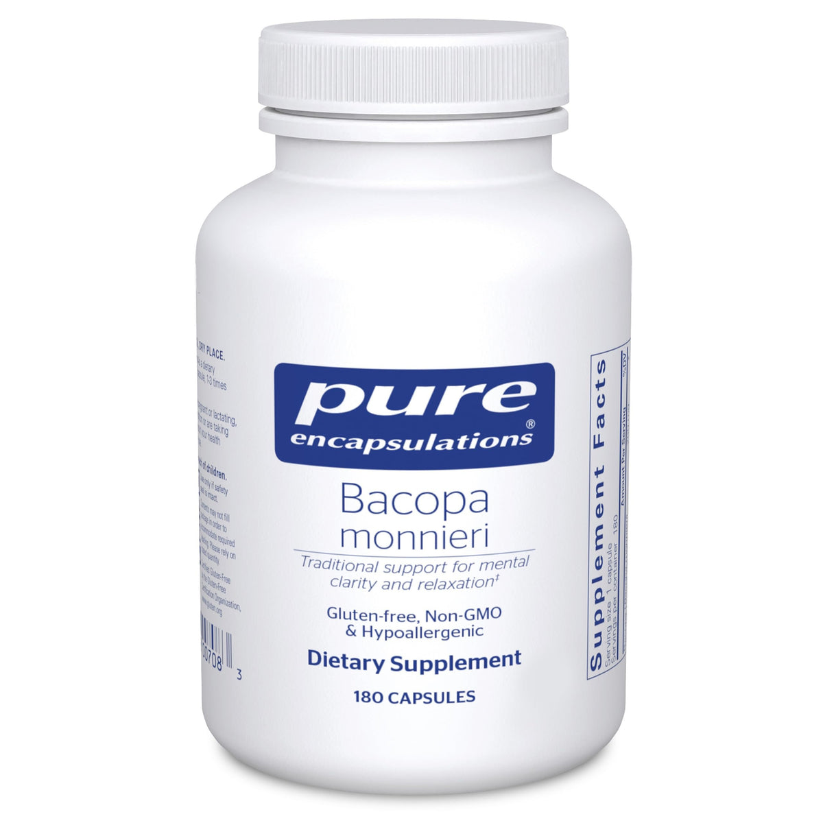 Pure Encapsulations Bacopa Monnieri bottle on a clean shelf for memory support.