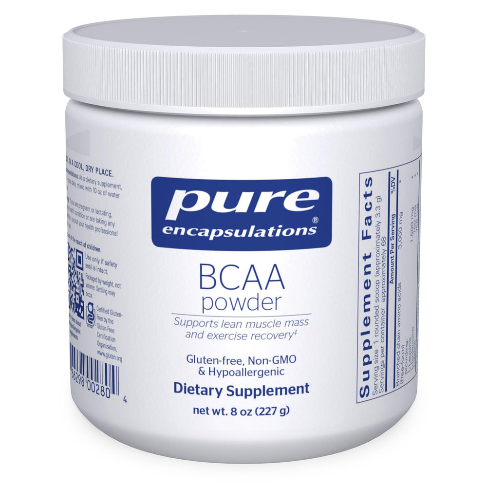 Pure Encapsulations BCAA Powder bottle shows premium hypoallergenic formula for workouts.