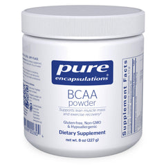 Pure Encapsulations BCAA Powder bottle shows premium hypoallergenic formula for workouts.