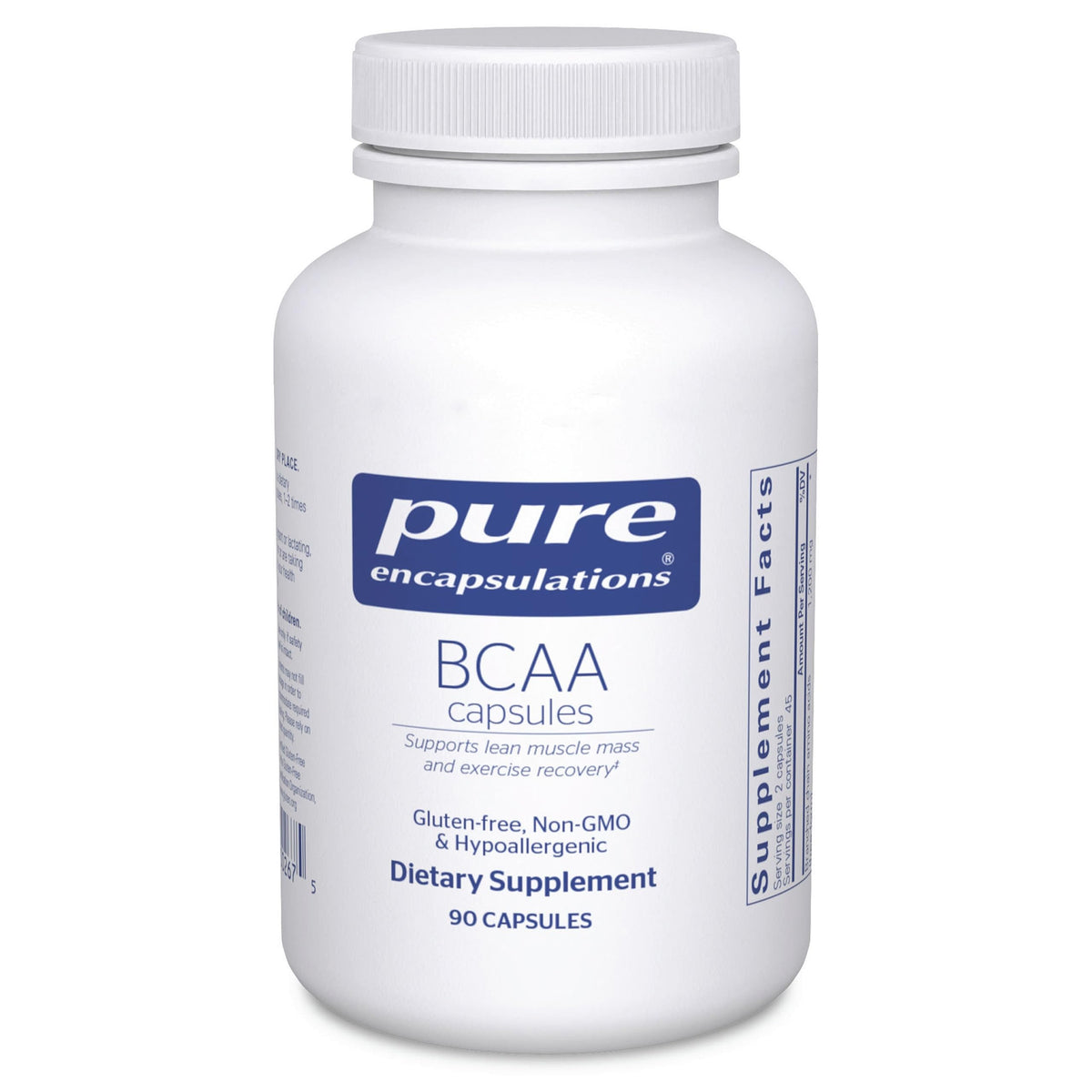 Pure Encapsulations BCAA capsules bottle; lean muscle support during training.