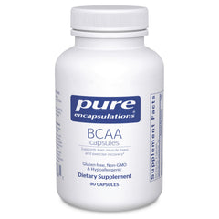 Pure Encapsulations BCAA capsules bottle; lean muscle support during training.