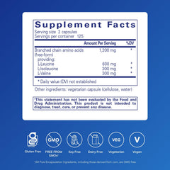 Pure Encapsulations BCAA capsules closeup: premium amino acids for exercise endurance.