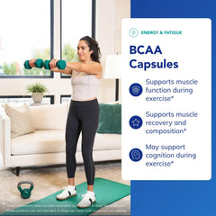 Pure Encapsulations BCAA capsules label detail; purity and tested potency highlighted.