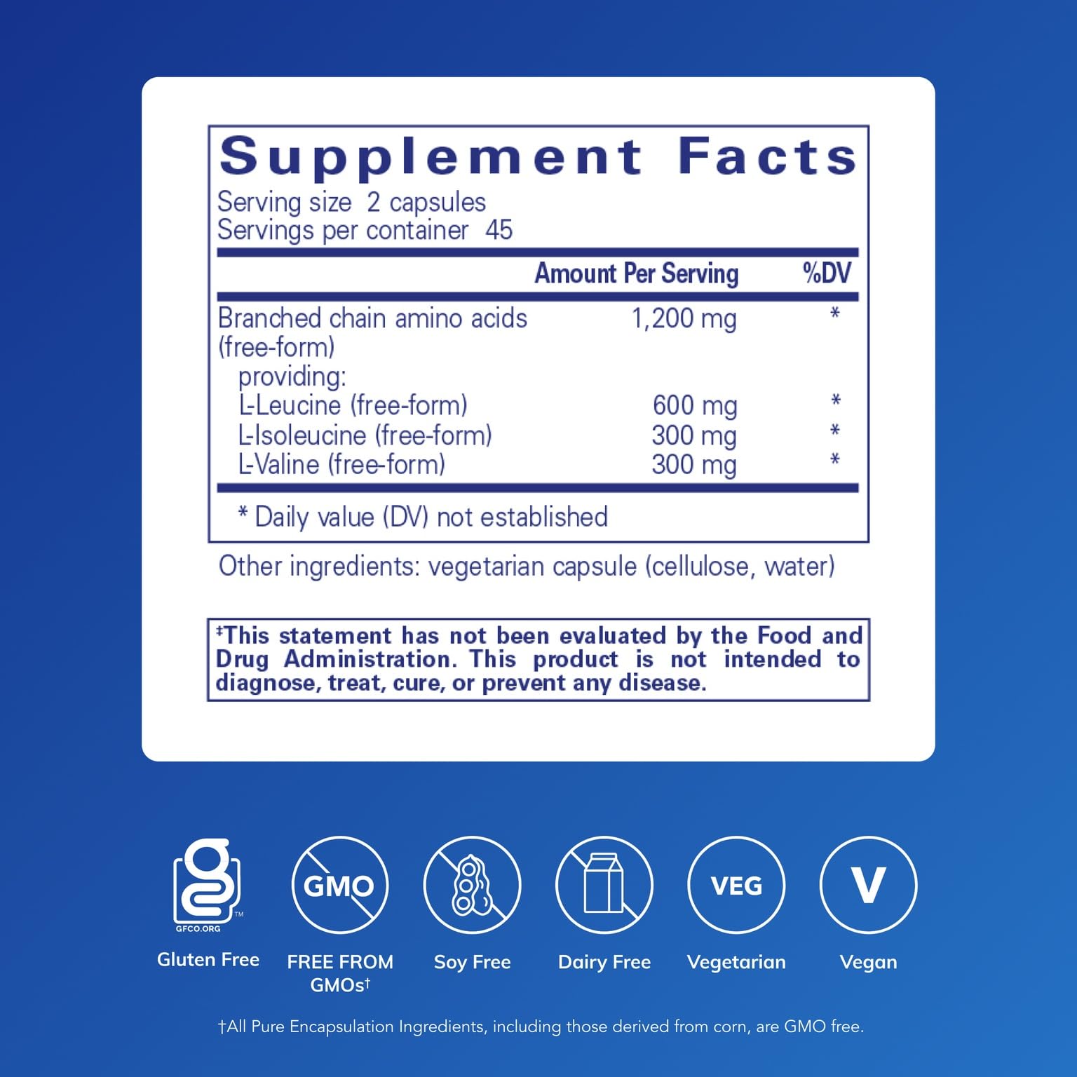 Pure Encapsulations BCAA capsules packshot; hypoallergenic formula for active athletes.