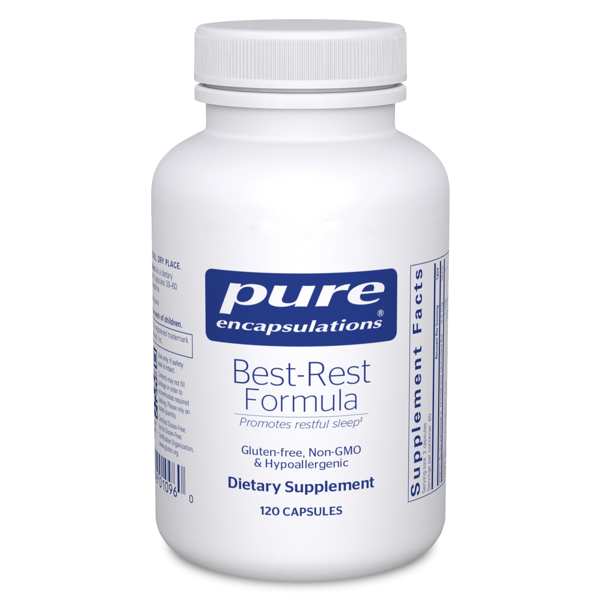 Pure Encapsulations Best-Rest bottle highlights non-GMO vegan sleep support at a glance.