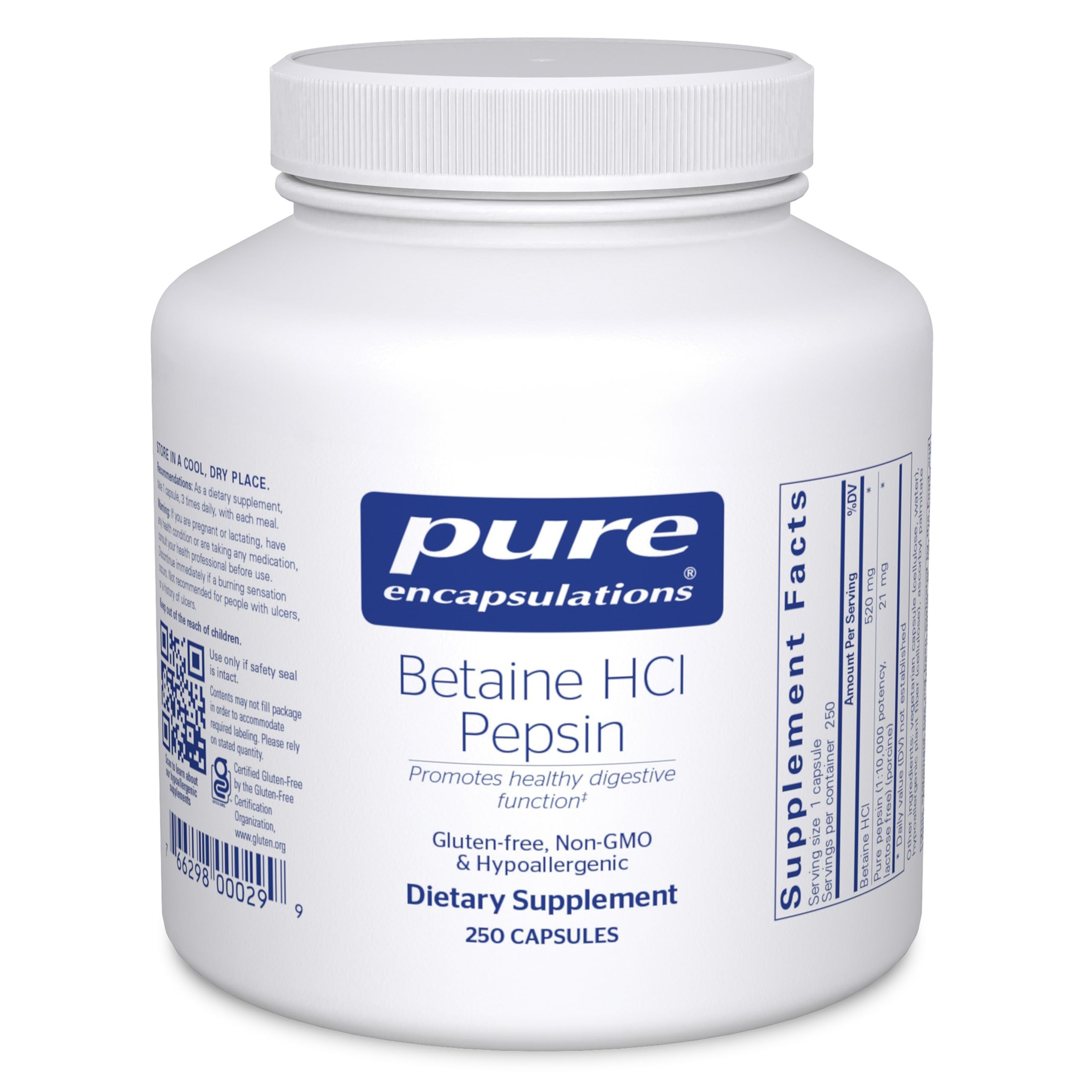 Pure Encapsulations Betaine HCl Pepsin bottle supports digestive function and nutrient absorption.