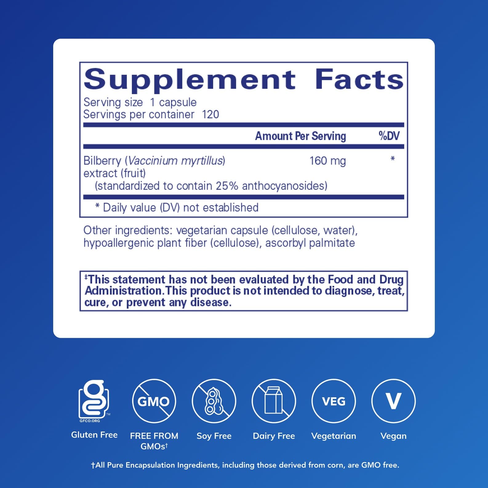 Pure Encapsulations Bilberry 160 mg bottle back, signaling trusted sourcing and purity for eye comfort.