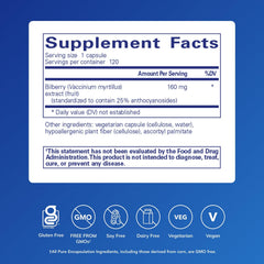 Pure Encapsulations Bilberry 160 mg bottle back, signaling trusted sourcing and purity for eye comfort.