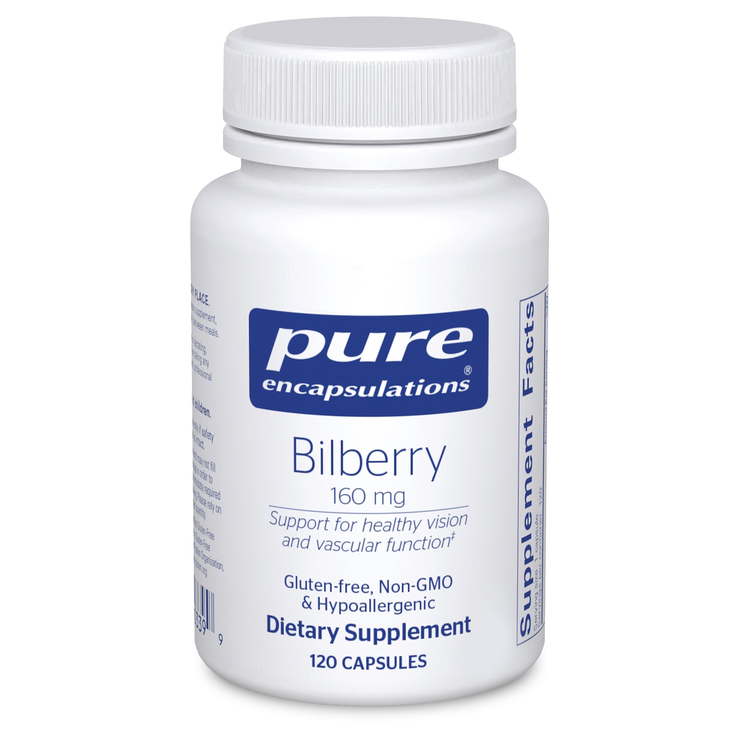 Pure Encapsulations Bilberry 160 mg bottle front, highlighting premium quality for daily visual support.