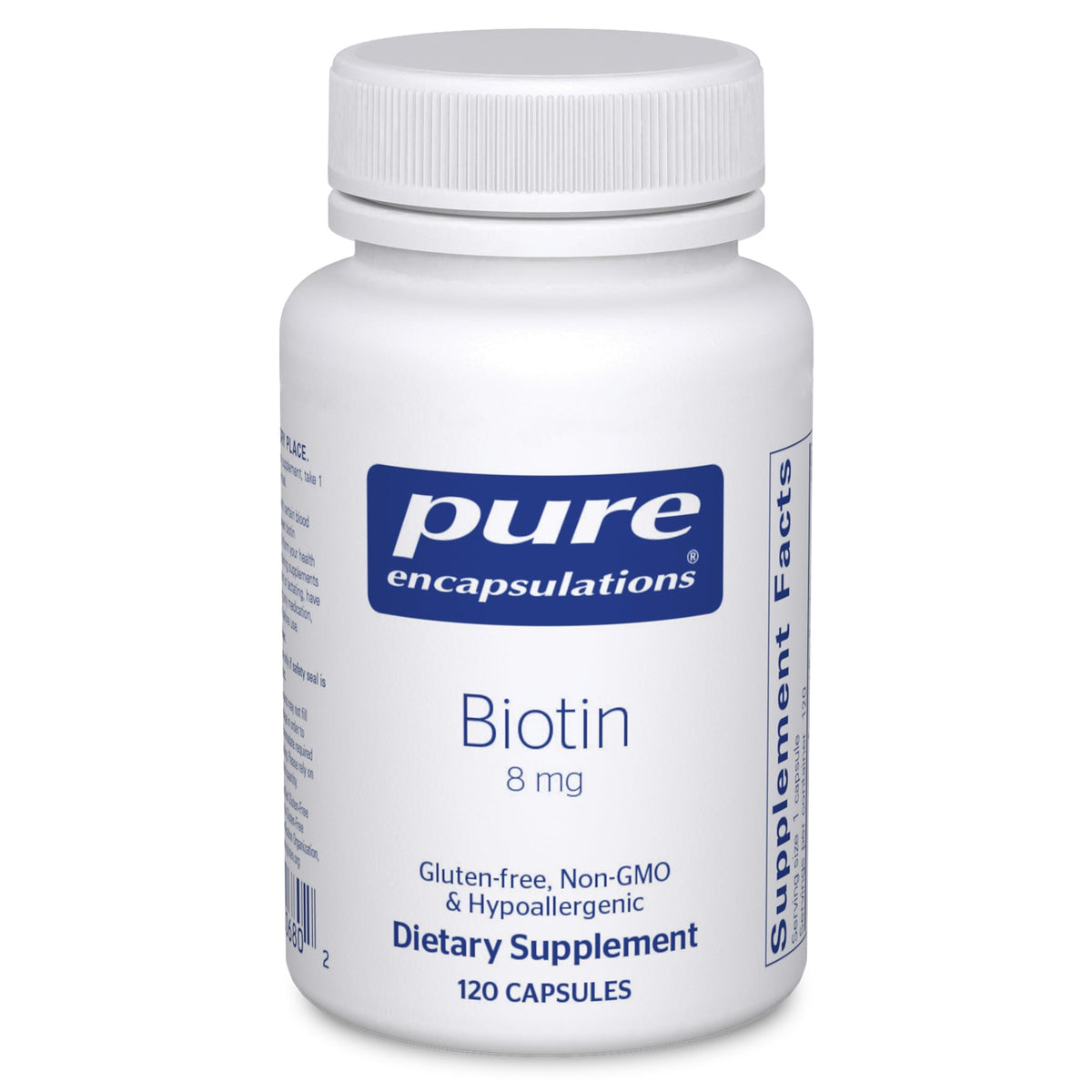 Pure Encapsulations Biotin 8 mg bottle front for hair, skin and nail support.