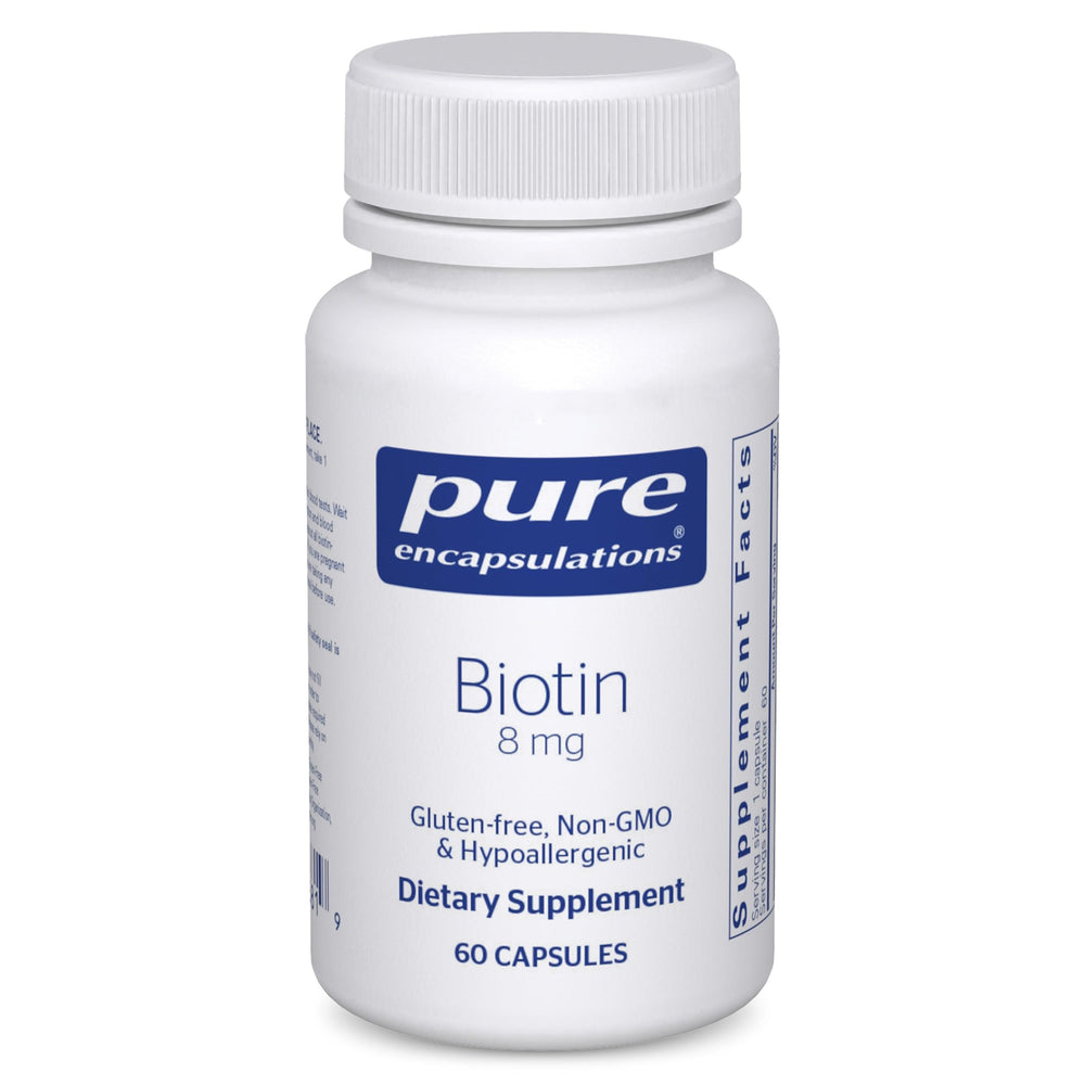 Pure Encapsulations Biotin 8 mg bottle promotes hair, skin, and nails support.