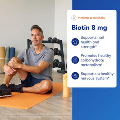 Biotin 8 mg nutrition label shows ingredients and allergen-free formulation.