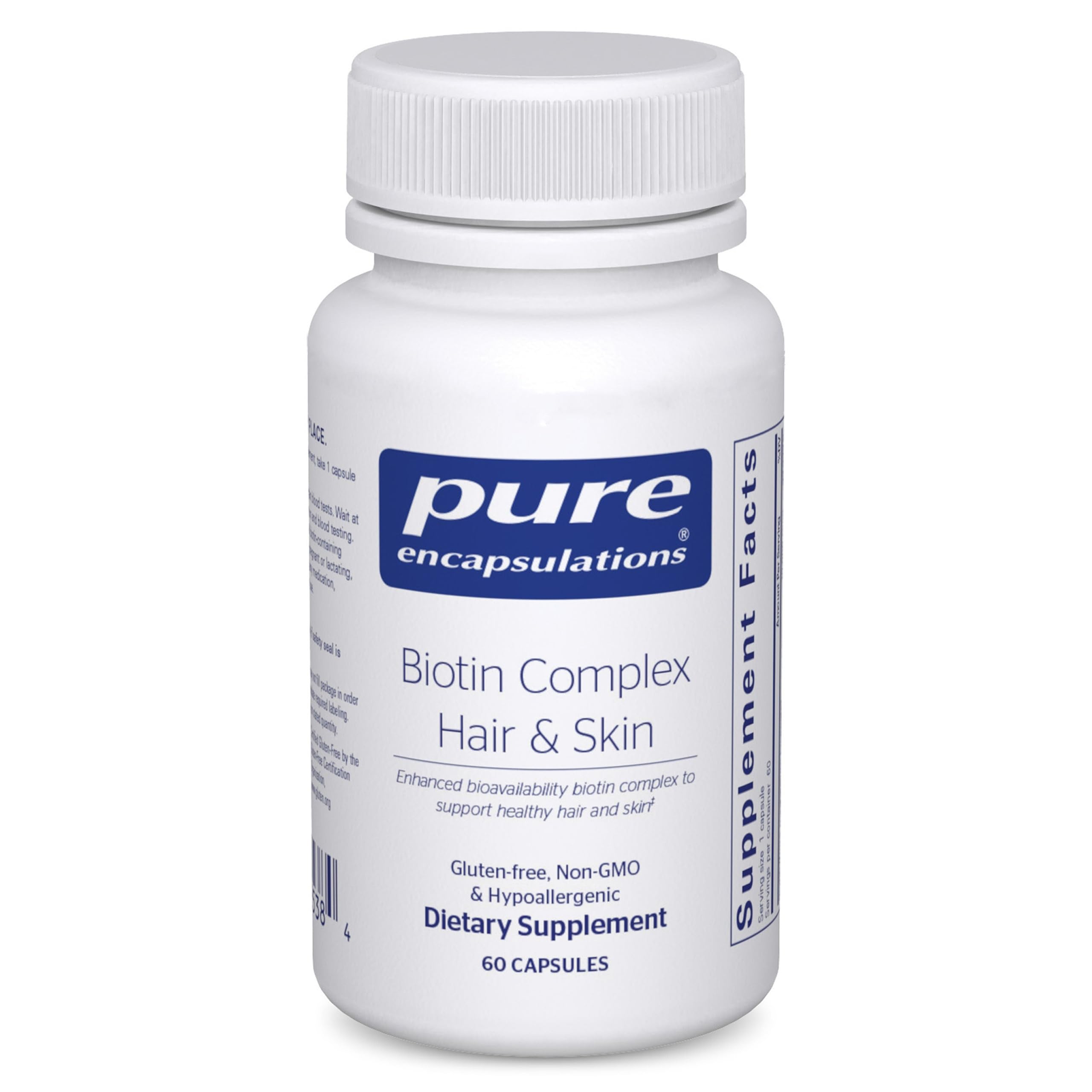 Pure Encapsulations Biotin Complex Hair bottle on countertop for healthy hair support