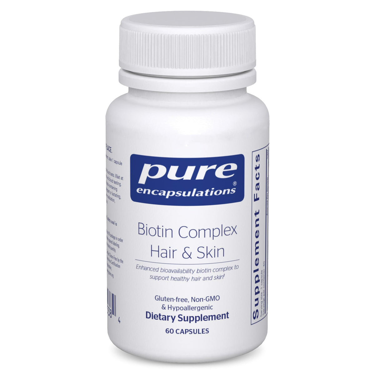 Pure Encapsulations Biotin Complex Hair bottle on countertop for healthy hair support