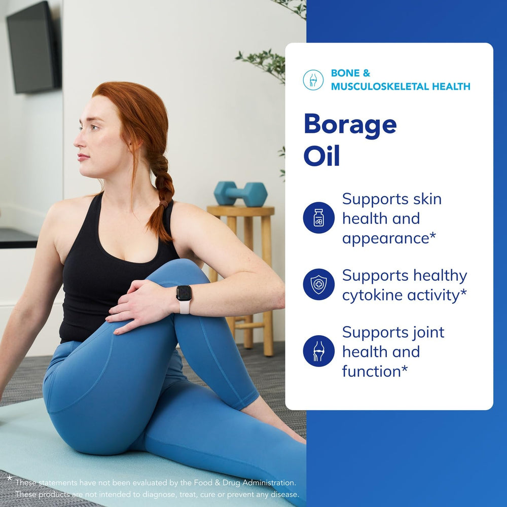 Label highlights 20% GLA content on Pure Encapsulations Borage Oil bottle.