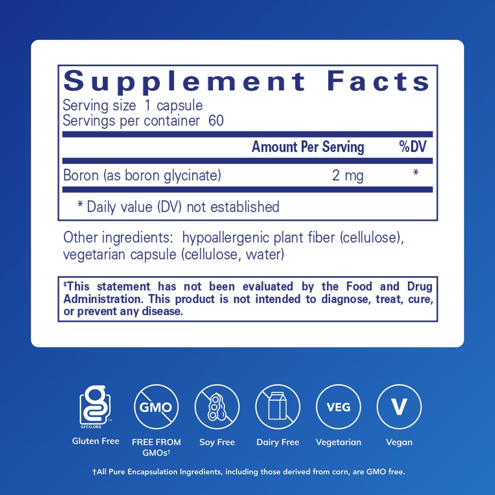 Pure Encapsulations Boron Glycinate capsules closeup highlighting a clean, gluten-free formulation.
