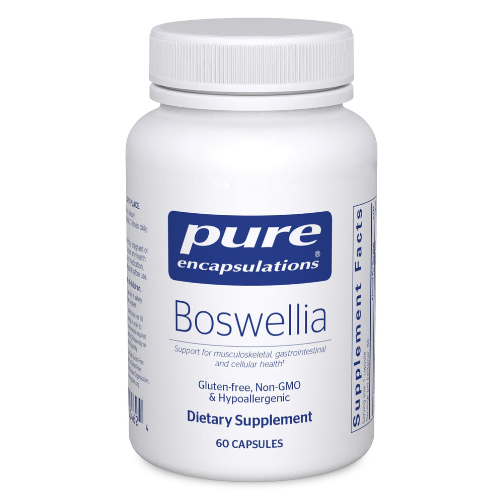 Pure Encapsulations Boswellia bottle on shelf supports general joint comfort and digestive health.