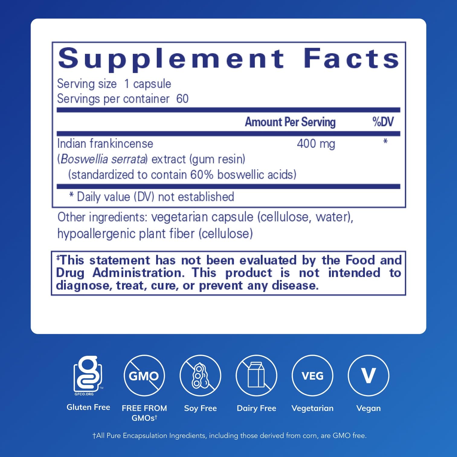 Pure Encapsulations Boswellia capsules closeup highlights vegan, non-GMO formula for everyday wellness.