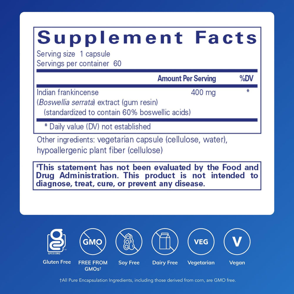 Pure Encapsulations Boswellia capsules closeup highlights vegan, non-GMO formula for everyday wellness.