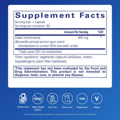 Pure Encapsulations Boswellia capsules closeup highlights vegan, non-GMO formula for everyday wellness.