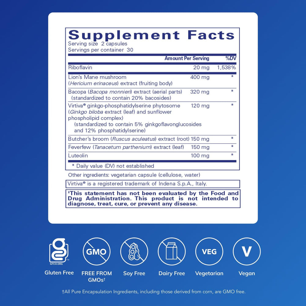 Pure Encapsulations Brain Reset capsules closeup highlights clean, allergen-free ingredients.