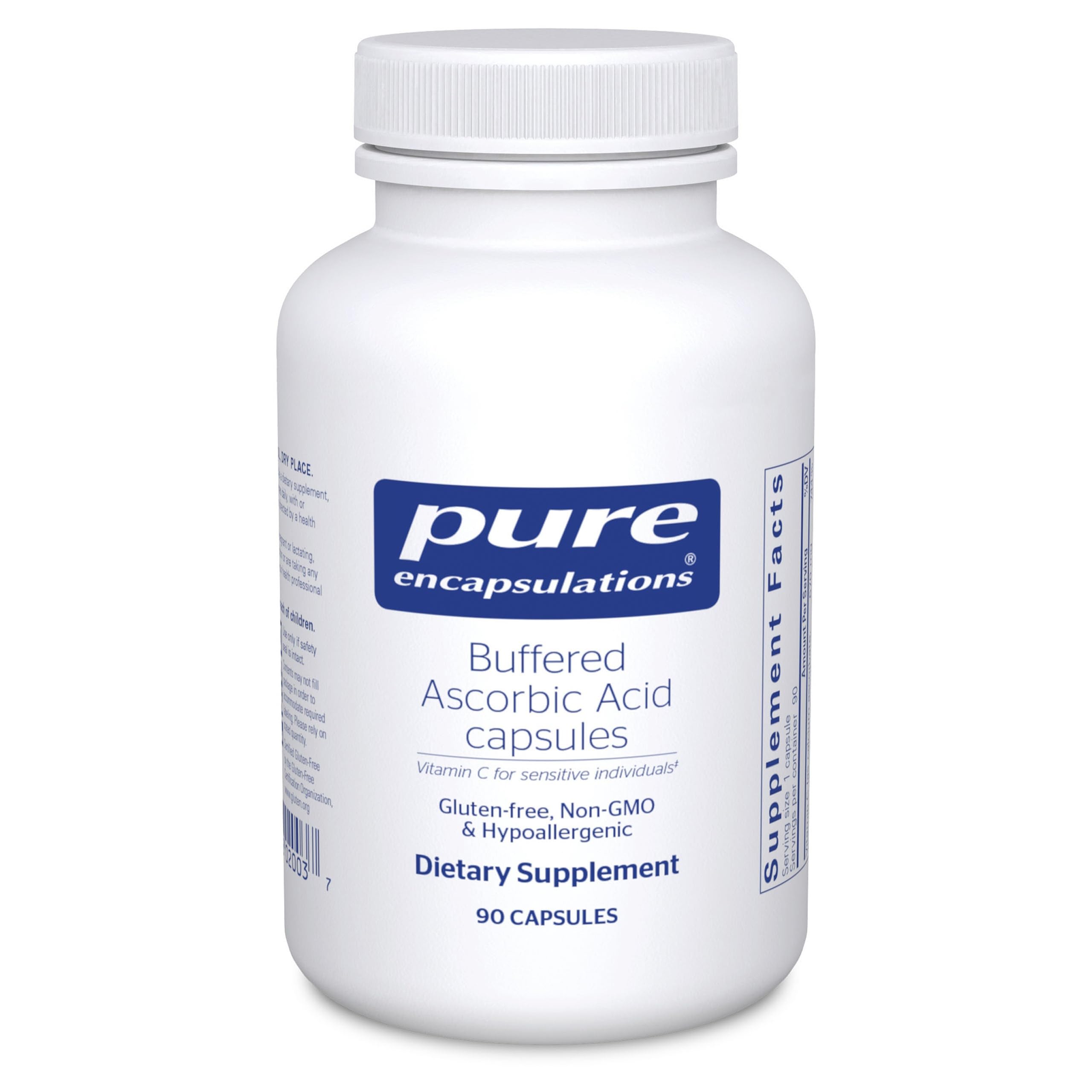 Pure Encapsulations Buffered Ascorbic Acid Capsules bottle showing neutral pH vitamin C for sensitive use.