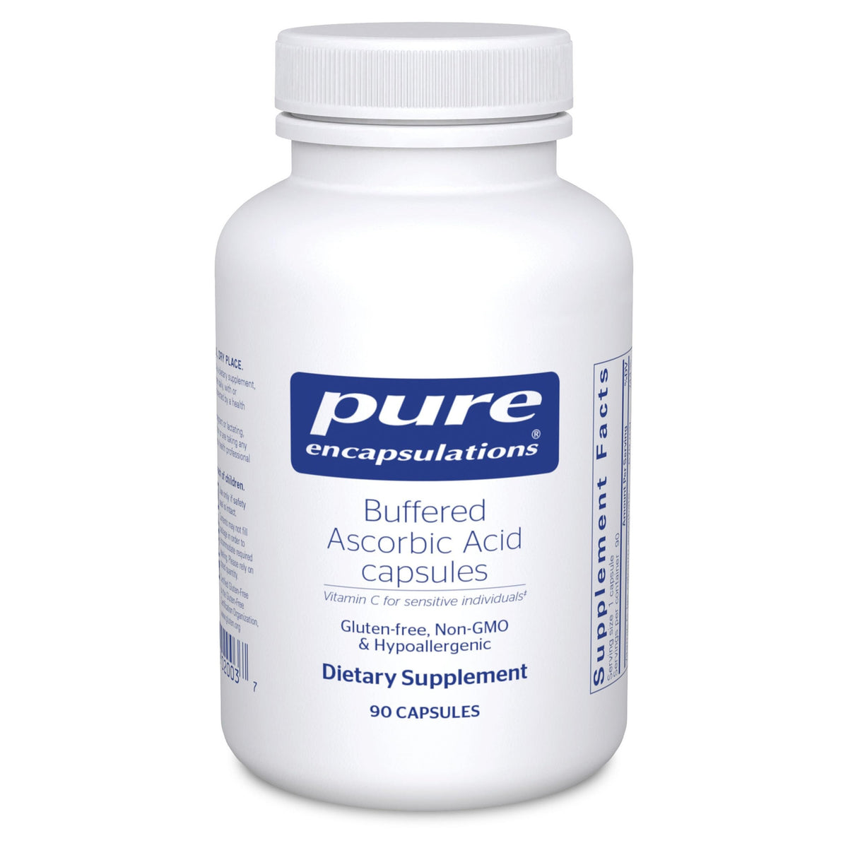 Pure Encapsulations Buffered Ascorbic Acid Capsules bottle showing neutral pH vitamin C for sensitive use.
