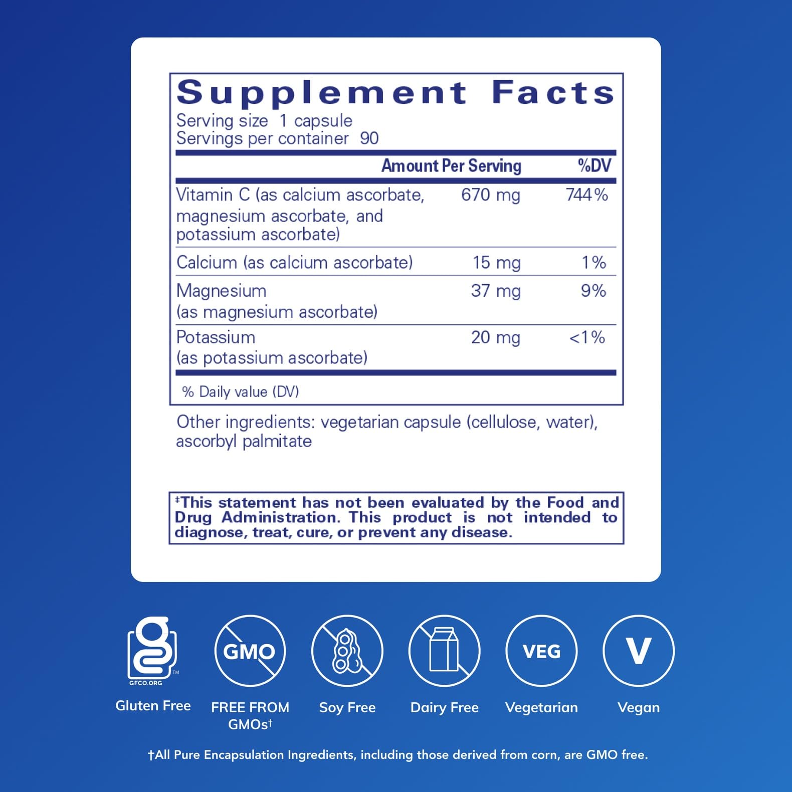 Pure Encapsulations Buffered Ascorbic Acid Capsules capsules in hand demonstrating gentler vitamin C for sensitive stomachs.