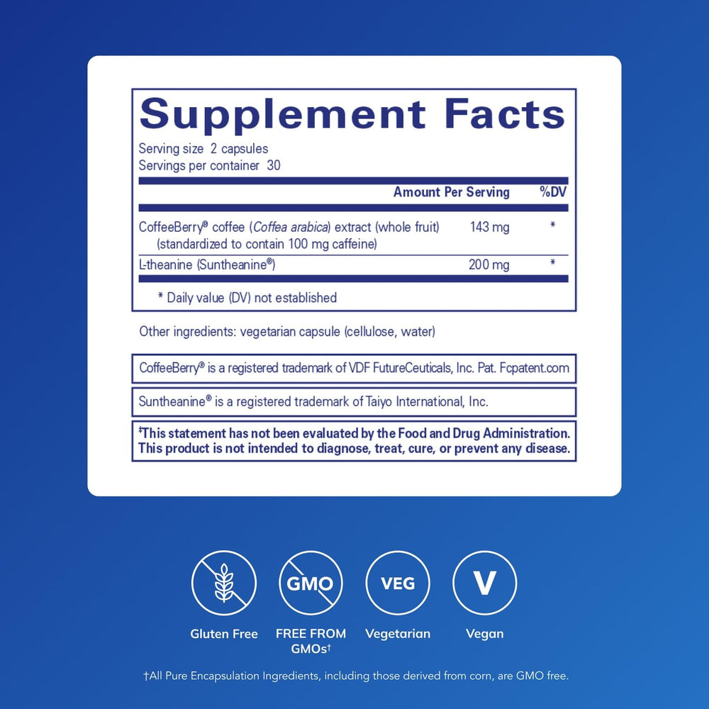Pure Encapsulations CaffPhenol capsules close-up for smooth cognitive support.