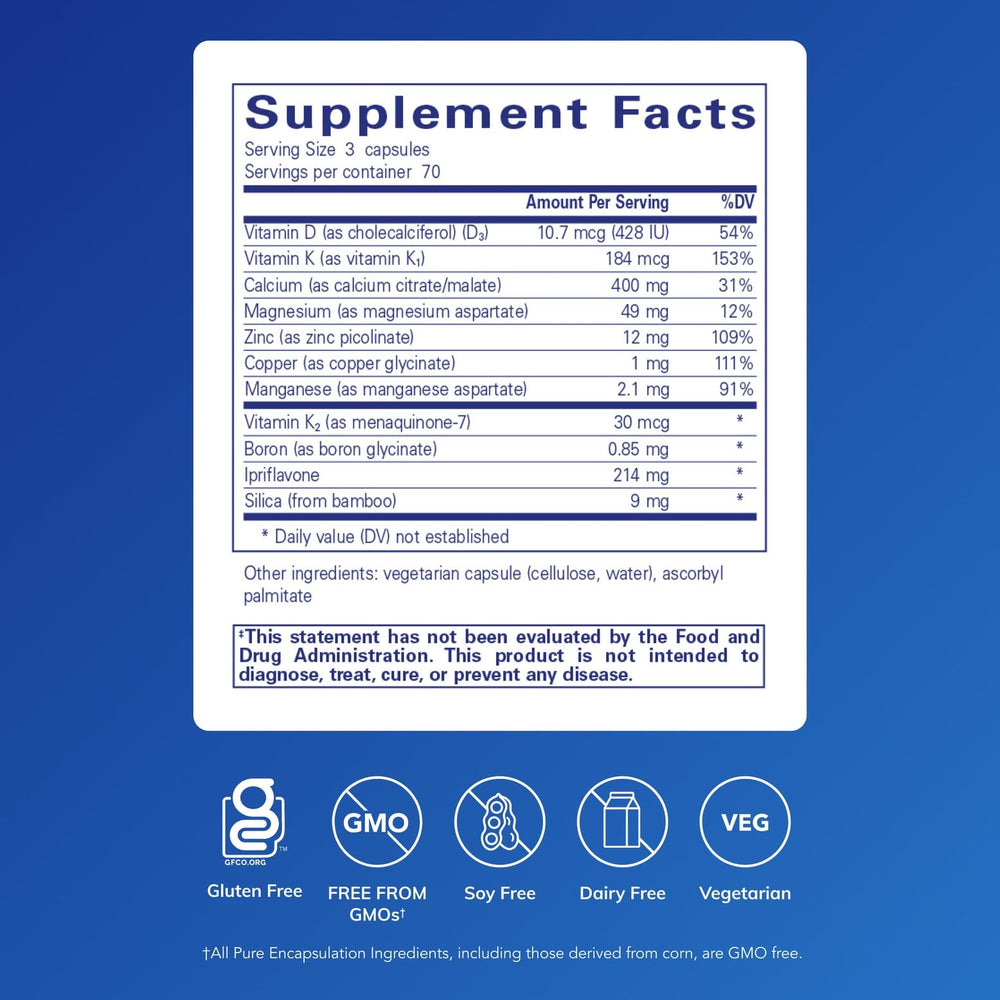 Pure Encapsulations +Cal+ with Ipriflavon capsules on white background for bone health.