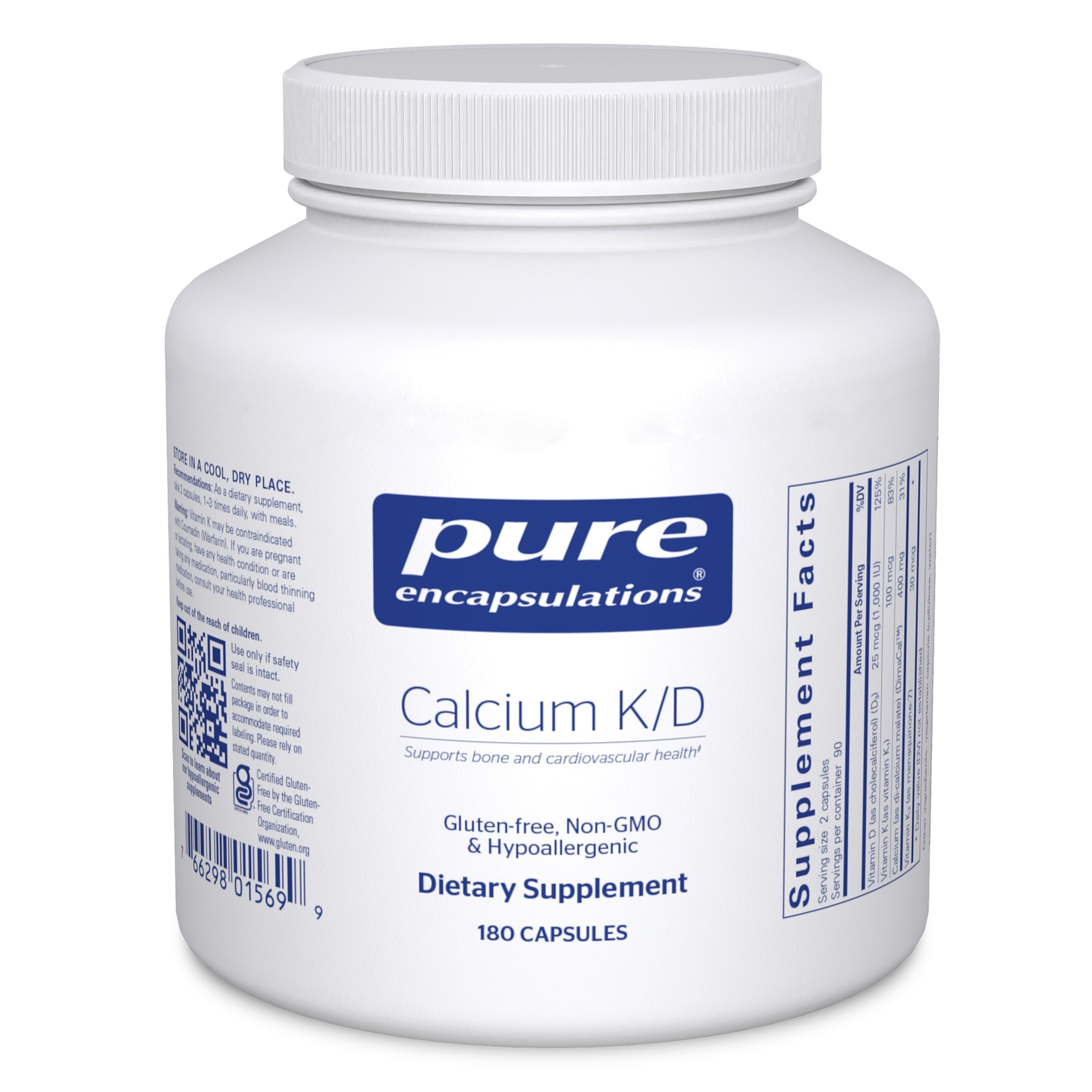 Pure Encapsulations Calcium K/D bottle on table highlighting bone-supporting formula.